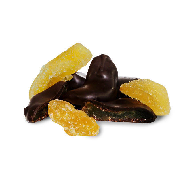 Crystalized ginger covered in our blended dark chocolate Gourmet Dark Chocolate Ginger Candy in Milwaukee